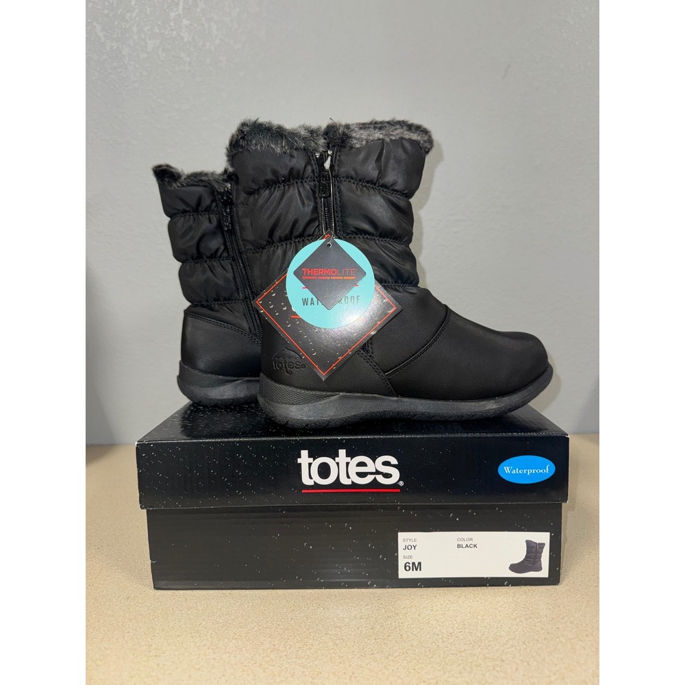 Totes Joy Womens Waterproof Winter Boots Black Quilted Faux Fur Trim Size 6M NIB